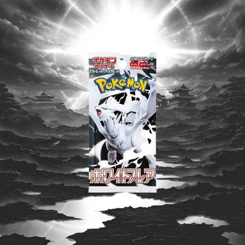 Pokémon TCG White Flare sv11W Japanese Booster Box. 
Sealed display with 4 jumbo booster packs, each with 35 cards and striking black and white artwork featuring powerful Pokémon.
