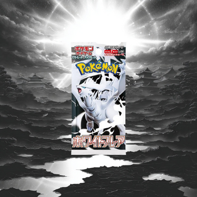 Pokémon TCG White Flare sv11W Japanese Booster Box. 
Sealed display with 4 jumbo booster packs, each with 35 cards and striking black and white artwork featuring powerful Pokémon.